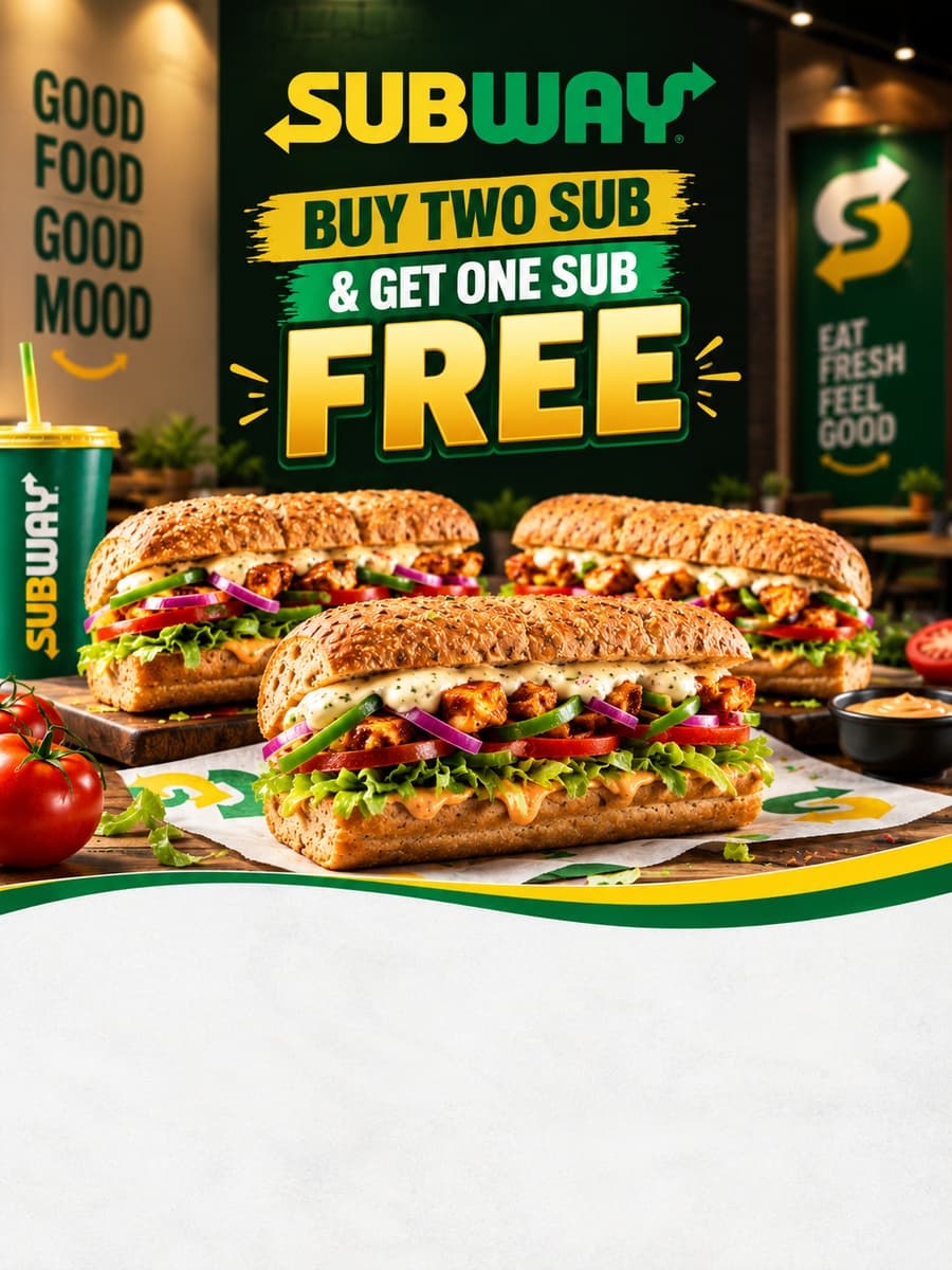 SUB : Buy Two 6" Sub & Get One 6" Sub Free.